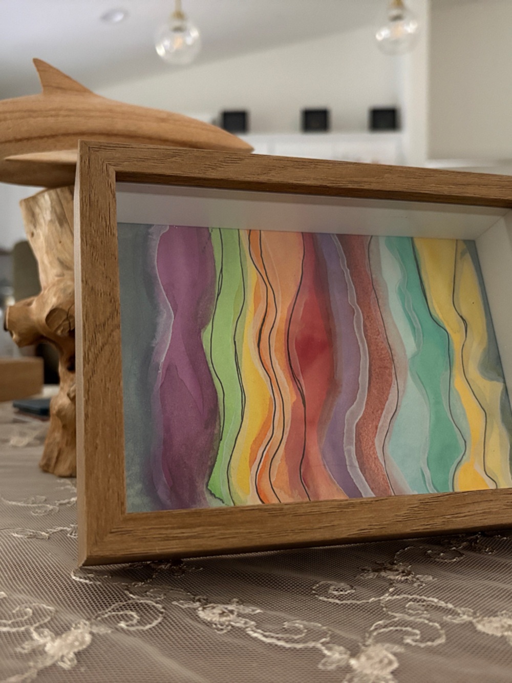 Abstract Layered Watercolor Art in Oak Frame — Multicolor